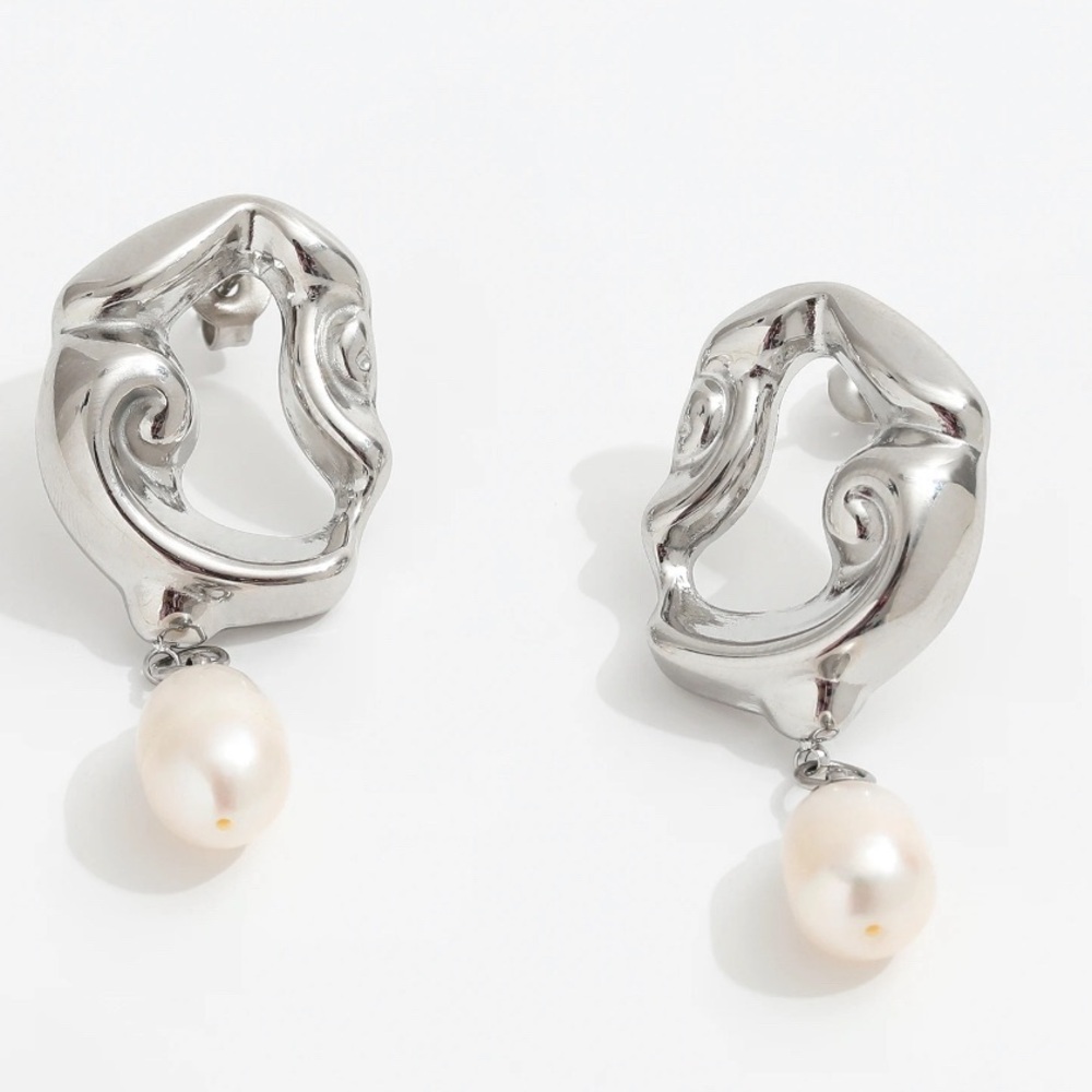 Nickel Free Freshwater Pearl Drop Earrings Silver Color Irregular Lava Pendant